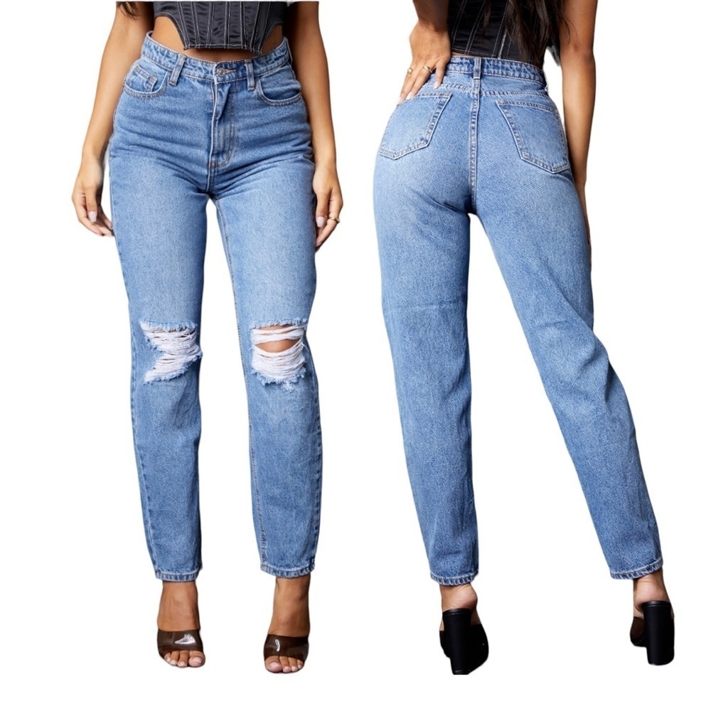 PRETTY LITTLE THING Mid Blue Knee Rip Mom Jeans